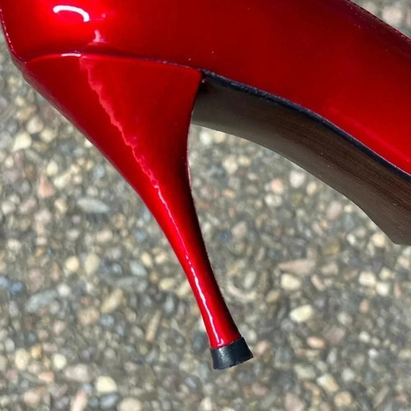 Stuart Weitzman Linda Metallic Red Quasar Patent Leather Peep Toe Stilettos - Picture 5 of 10